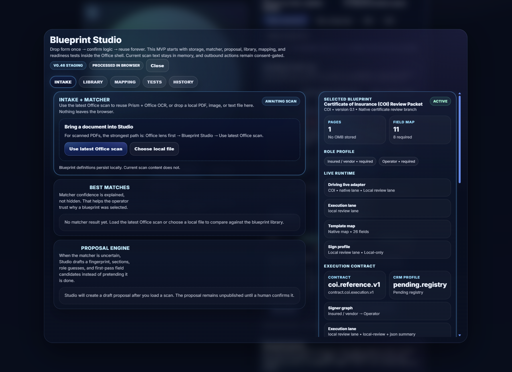 Blueprint Studio intake, matcher, and execution contract view