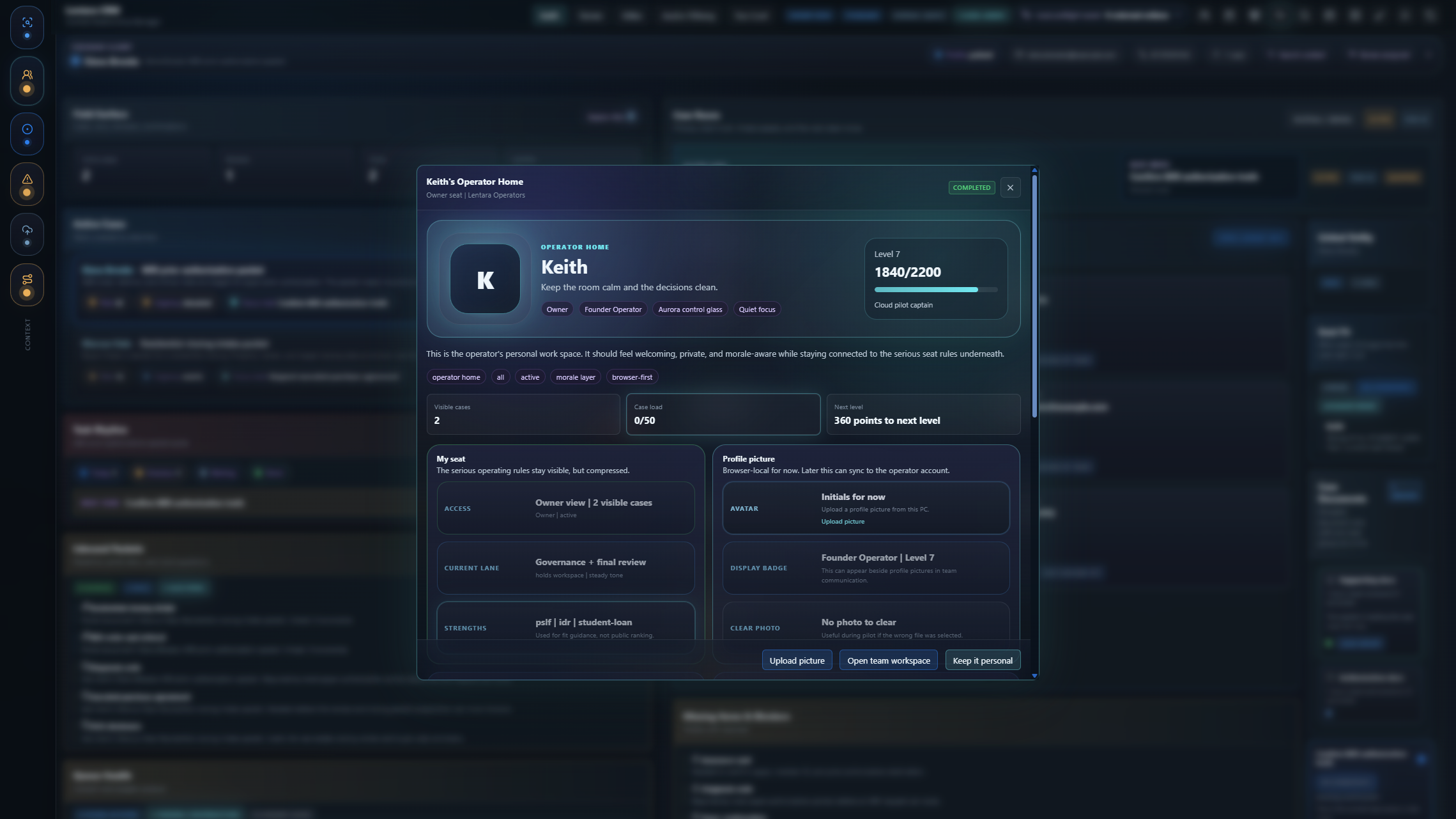 Lentara CRM operator home modal